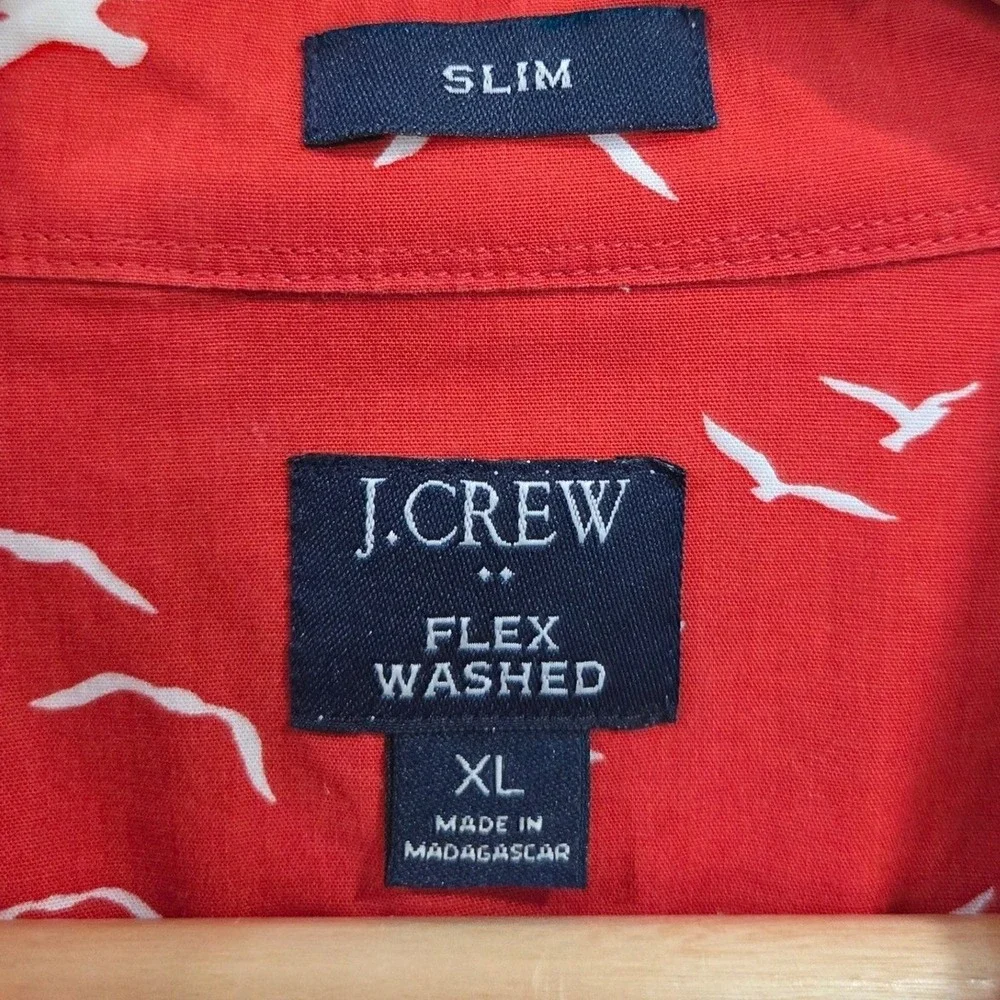 J.Crew‎ Mens Red Cotton Button Down Shirt XL Bird Print Slim Fit Casual Preppy